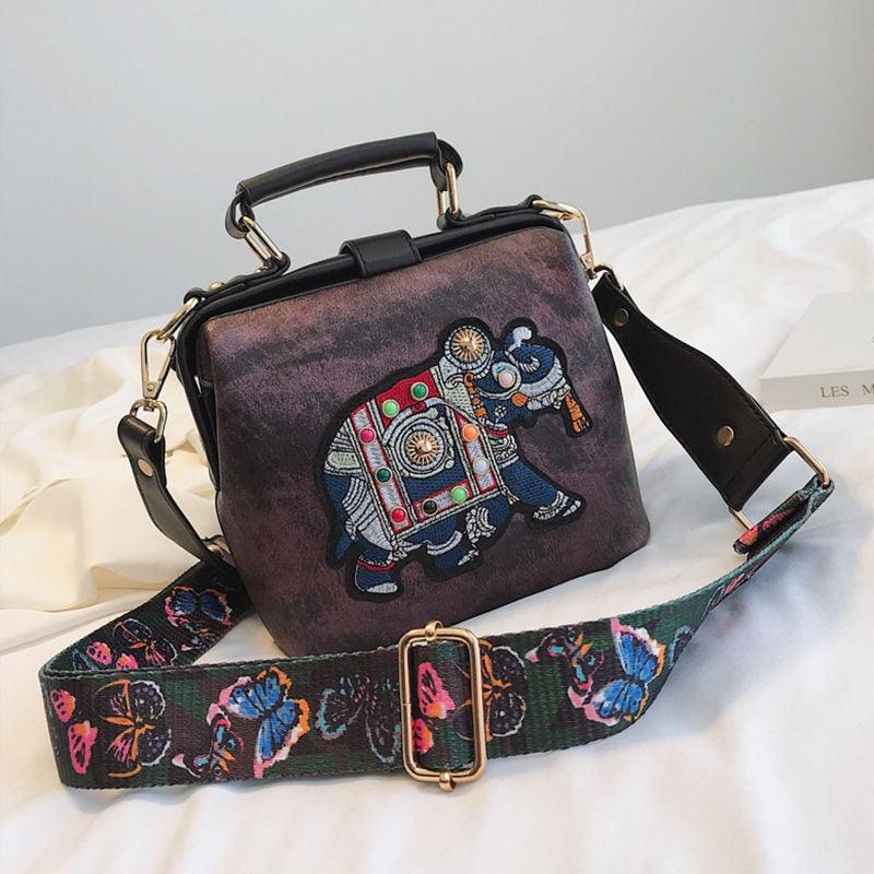 Embroidery Elephant Bag Wide Butterfly Strap PU Leather Women Shoulder Crossbody Bag - HABASH FASHION