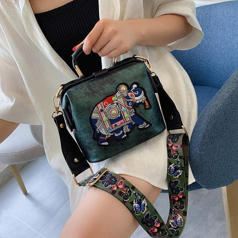 Embroidery Elephant Bag Wide Butterfly Strap PU Leather Women Shoulder Crossbody Bag - HABASH FASHION