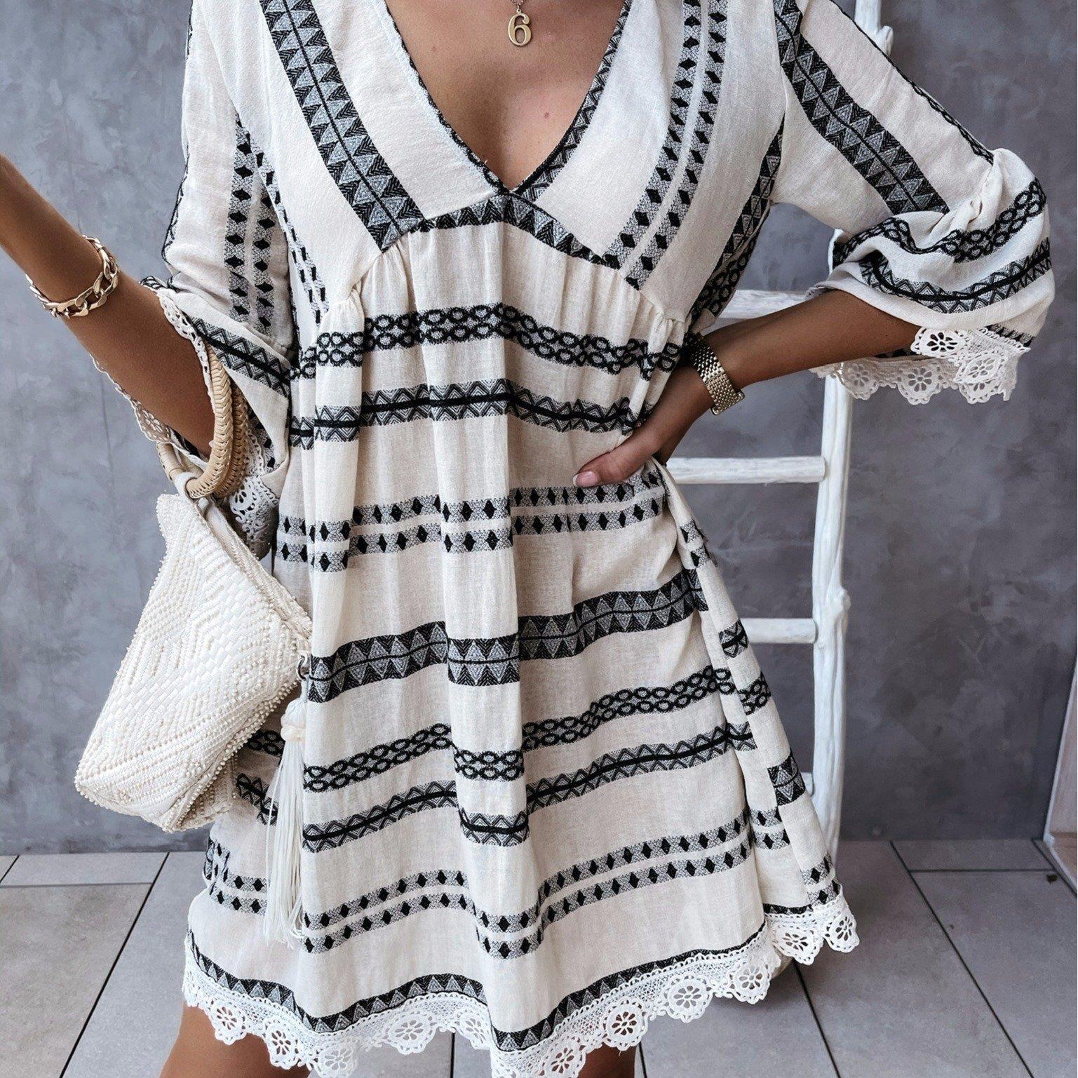 Fashion V-neck Half Sleeve Striped Beach Mini Dress - HABASH FASHION