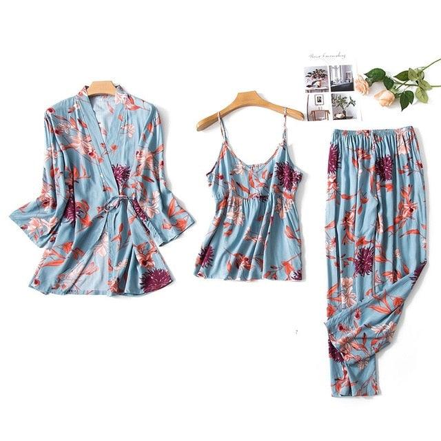 3Pcs Pjs Home Wear Floral Print Cotton Sexy Loose Sleep Nightwear Sets - HABASH FASHION