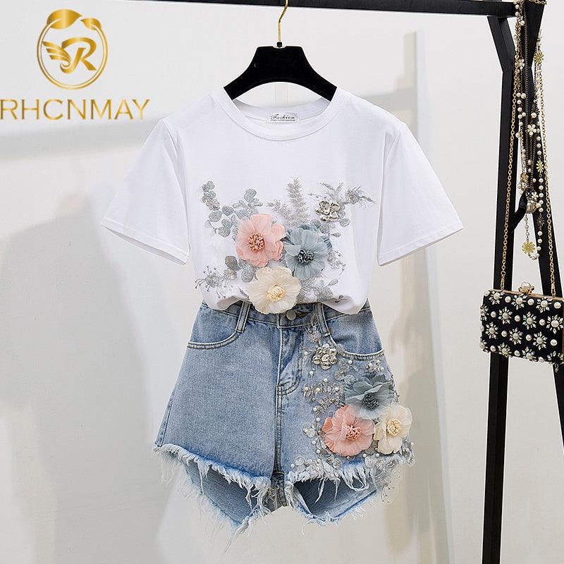 Denim shorts + 3D embroidery T-shirt - HABASH FASHION