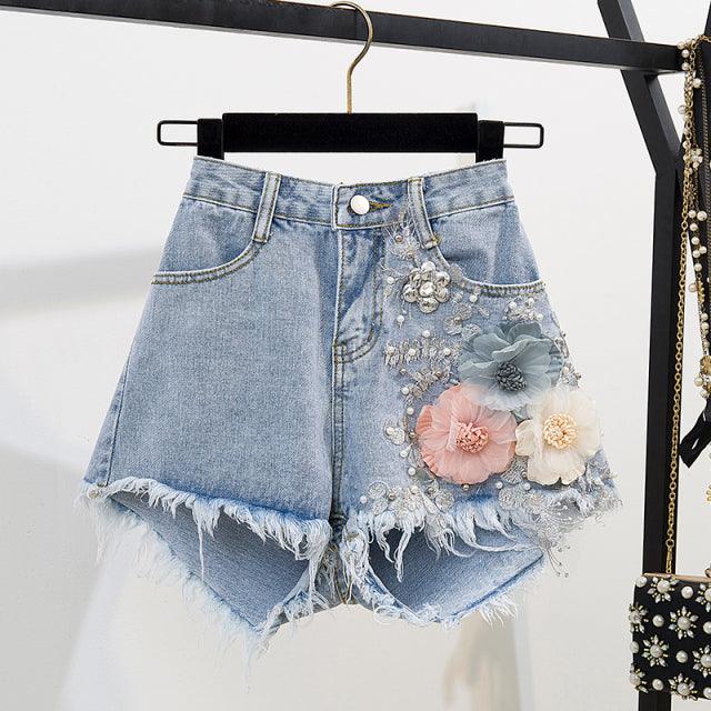 Denim shorts + 3D embroidery T-shirt - HABASH FASHION