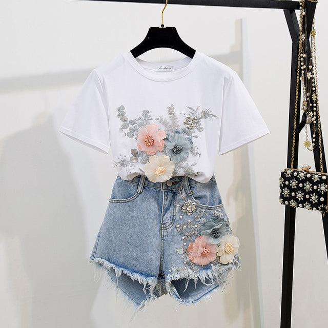 Denim shorts + 3D embroidery T-shirt - HABASH FASHION