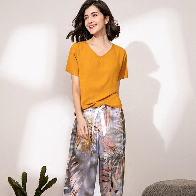 American Outfits Women's Pajamas Set 2PCs T-shirt Trousers Summer Sleepwear - HABASH FASHION