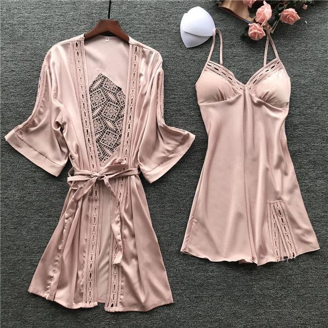 2Pcs Sexy Home Wear Night Dress with Chest Pads - HABASH FASHION
