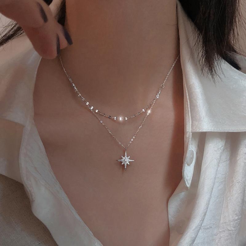 s925 Sterling Silver Star Moon Double Necklace Women Clavicle Chain Shiny Diamond Fashion - HABASH FASHION