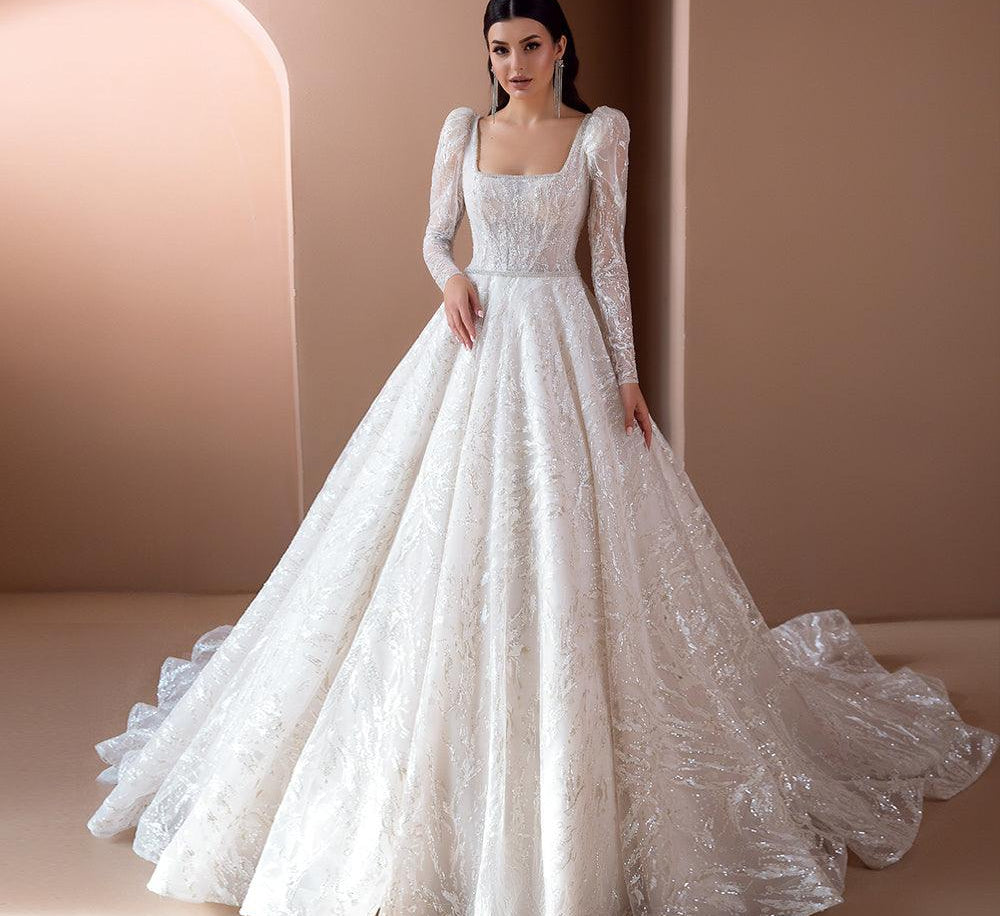 Long sleeve embellished embroidered wedding dress - HABASH FASHION