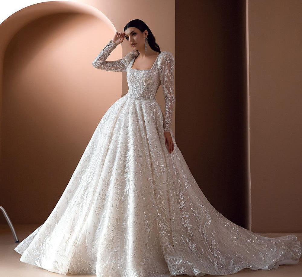Long sleeve embellished embroidered wedding dress - HABASH FASHION
