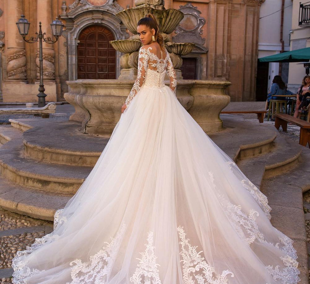 Mermaid-embellished lace sleeves wedding dress - HABASH FASHION