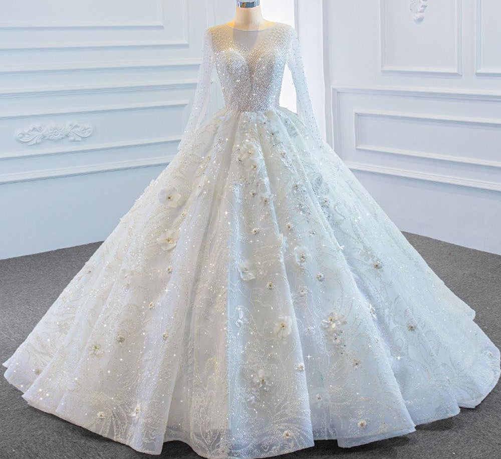 Handmade pearl beaded long sleeve wedding dress - HABASH FASHION
