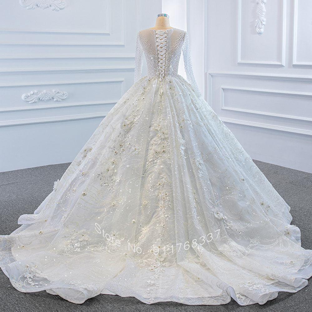 Handmade pearl beaded long sleeve wedding dress - HABASH FASHION