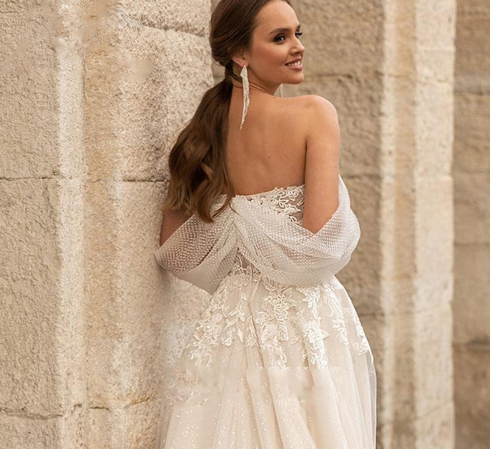 Elegant wedding dress with a modern design with open sleeves and shiny - HABASH FASHION