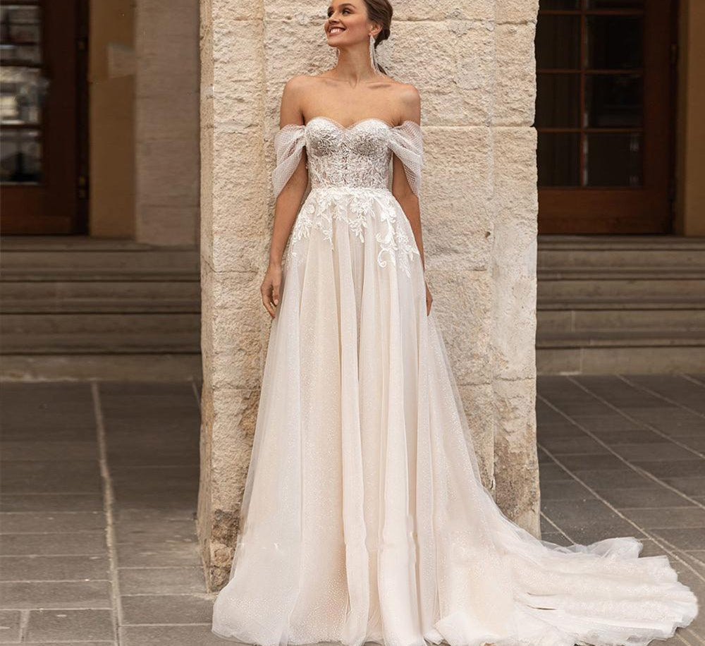 Elegant wedding dress with a modern design with open sleeves and shiny - HABASH FASHION