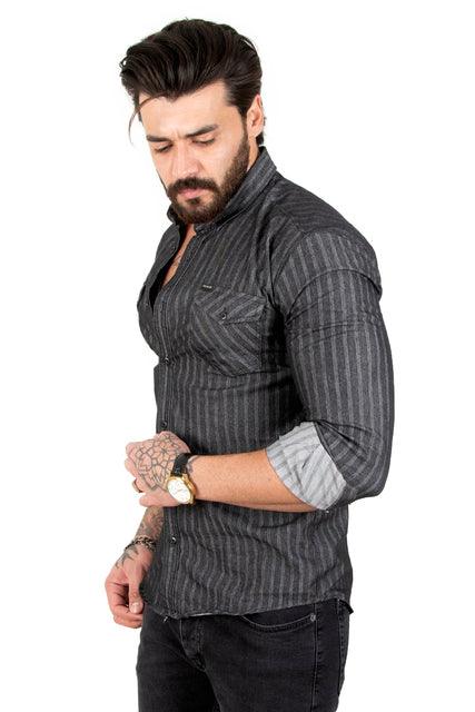 Habash Fashion striped snap lycra jeans shirt - HABASH FASHION