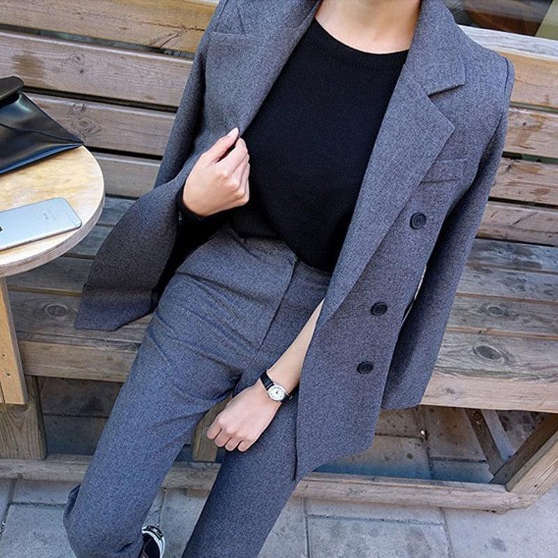 Fashion Business Pant Suits Formal Double Breasted Jacket and Long Pant Black Blazer Set Women OL Two Pieces Suits - HABASH FASHION
