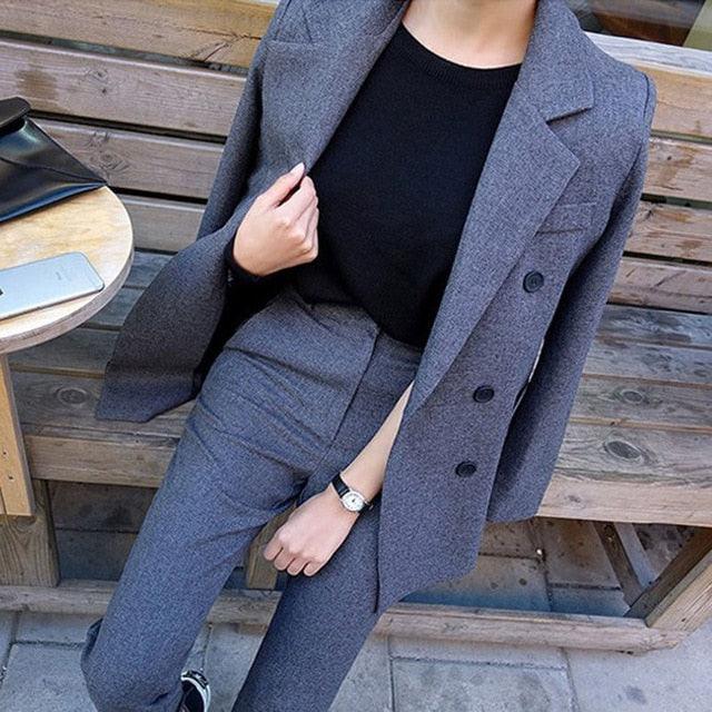 Fashion Business Pant Suits Formal Double Breasted Jacket and Long Pant Black Blazer Set Women OL Two Pieces Suits - HABASH FASHION