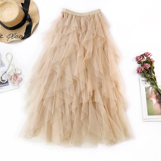 One Size Summer Tulle Skirt Women Boho Long Skirt High Waist Ruffles - HABASH FASHION