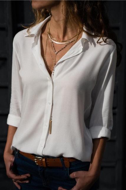 Elegant Long Sleeve Solid V-Neck Chiffon Blouse Work Shirts Office - HABASH FASHION