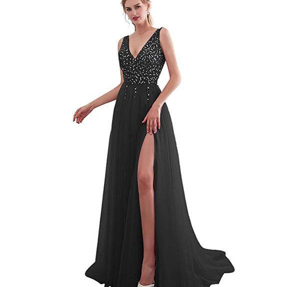 Evening Dress V-Neck High Split Tulle Sweep Train Sleeveless Prom Gown A-line Lace Up Backless - HABASH FASHION
