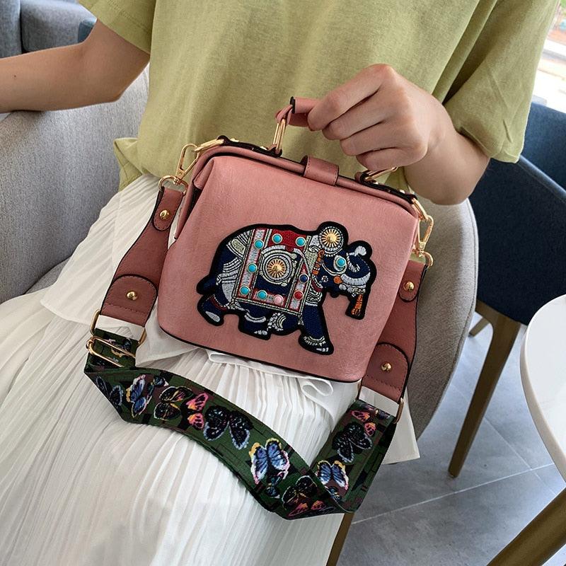 Embroidery Elephant Bag Wide Butterfly Strap PU Leather Women Shoulder Crossbody Bag - HABASH FASHION