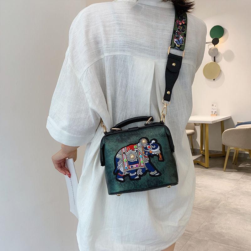 Embroidery Elephant Bag Wide Butterfly Strap PU Leather Women Shoulder Crossbody Bag - HABASH FASHION