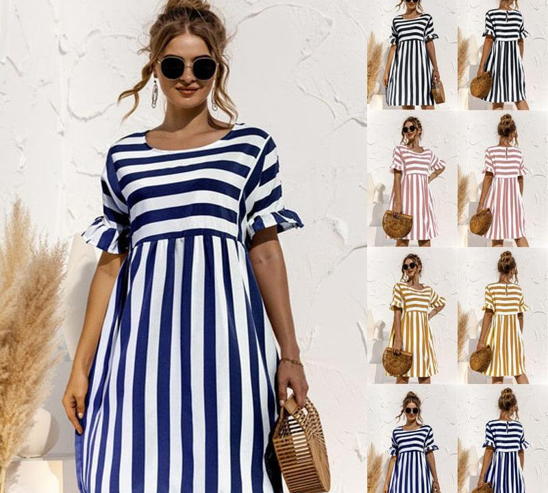 Cute Women Summer Dress Loose Striped Print Ruffle Sleeve Elegant Dresses - HABASH FASHION