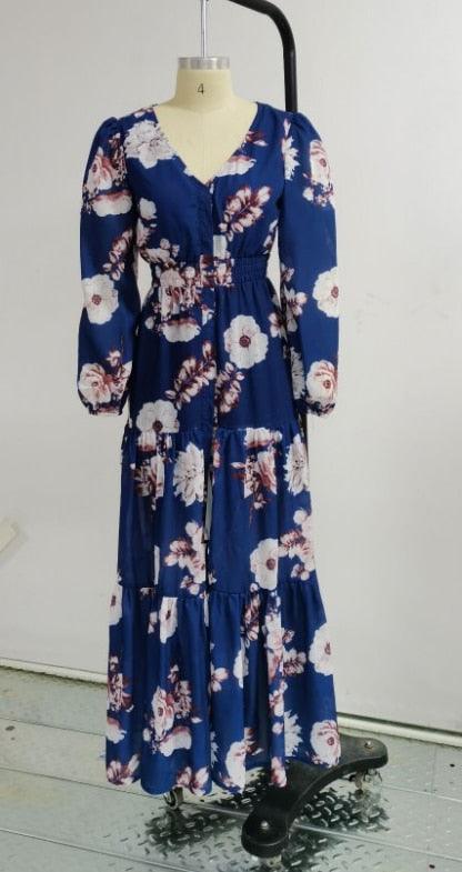 Long Sleeve Lantern Floral Print Chiffon Maxi Dress - HABASH FASHION