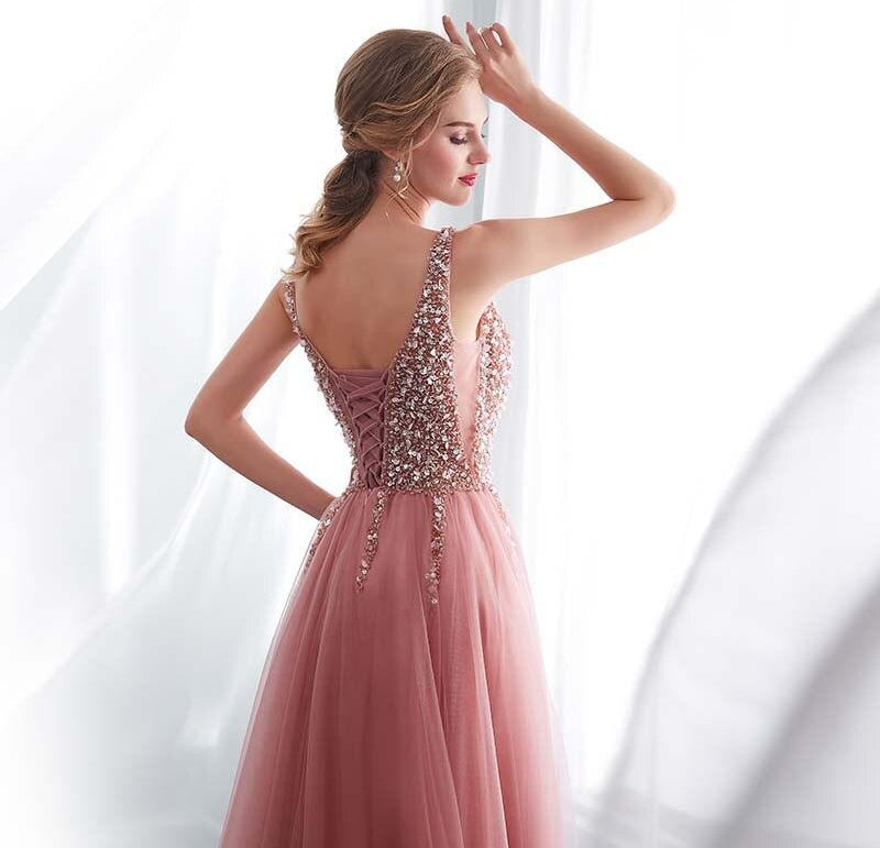 Evening Dress V-Neck High Split Tulle Sweep Train Sleeveless Prom Gown A-line Lace Up Backless - HABASH FASHION