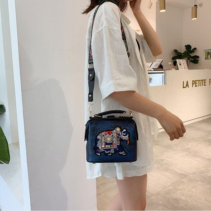Embroidery Elephant Bag Wide Butterfly Strap PU Leather Women Shoulder Crossbody Bag - HABASH FASHION