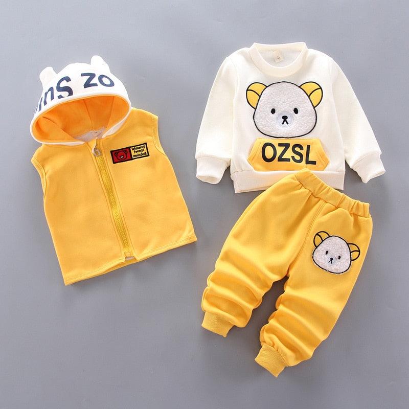 Baby clothes autumn and winter pure cotton thick warm hoodie cartoon cute bear three-piece suit baby girl - HABASH FASHION