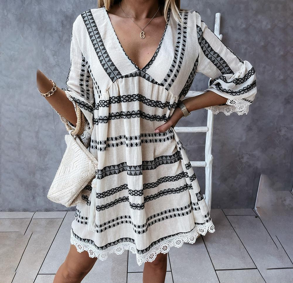 Fashion V-neck Half Sleeve Striped Beach Mini Dress - HABASH FASHION