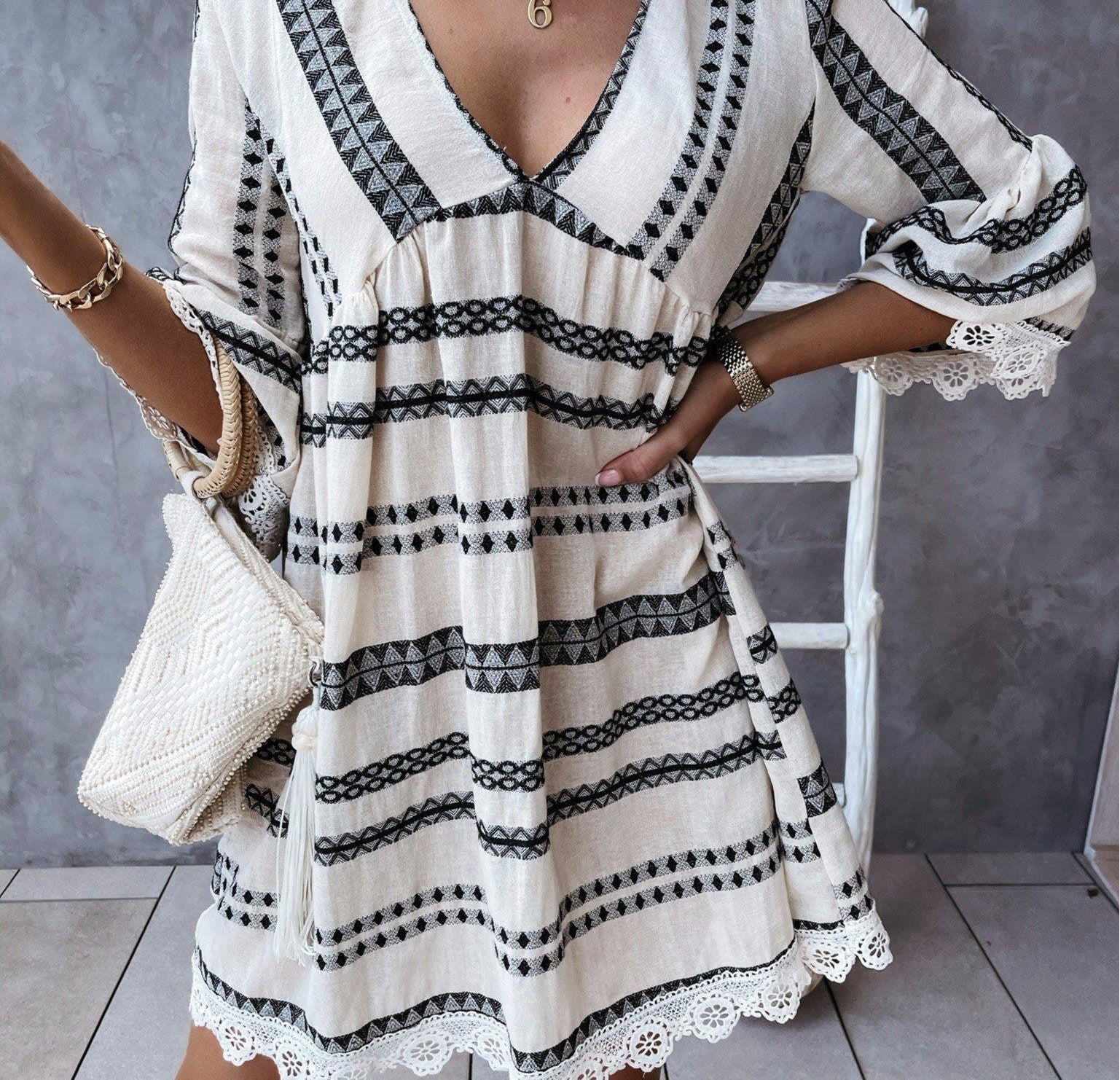 Fashion V-neck Half Sleeve Striped Beach Mini Dress - HABASH FASHION