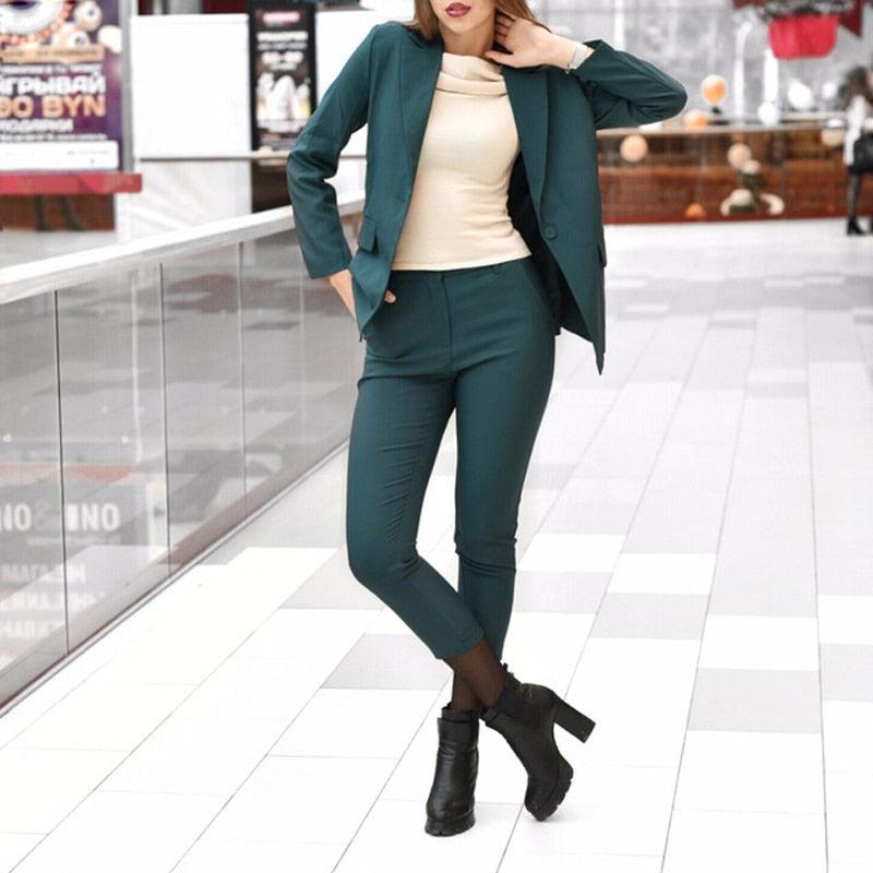 Business Pencil Pant Suits 2 Piece Sets Solid Blazer + Pant Office Lady Notched suit - HABASH FASHION