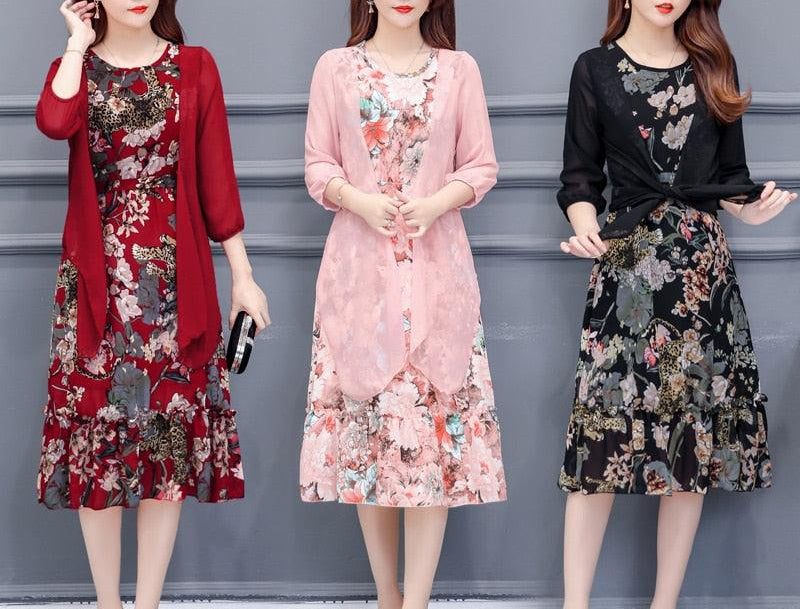 Large Size Summer Dress Women Floral Print Long Chiffon Dresses Two-Piece Set Womens Dresses Plus Size - HABASH FASHION