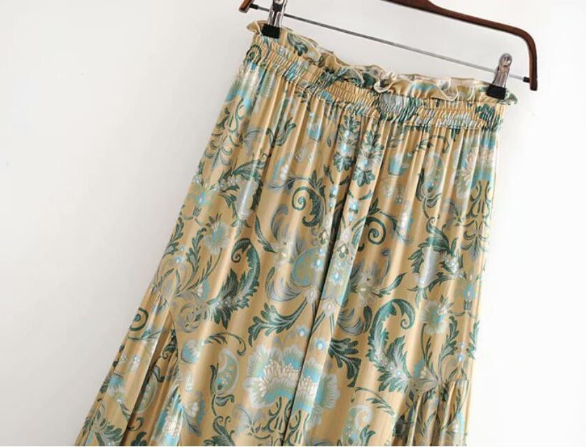 Floral Print Wide leg Pants Holiday Women Ruffles Elastic Waist - HABASH FASHION