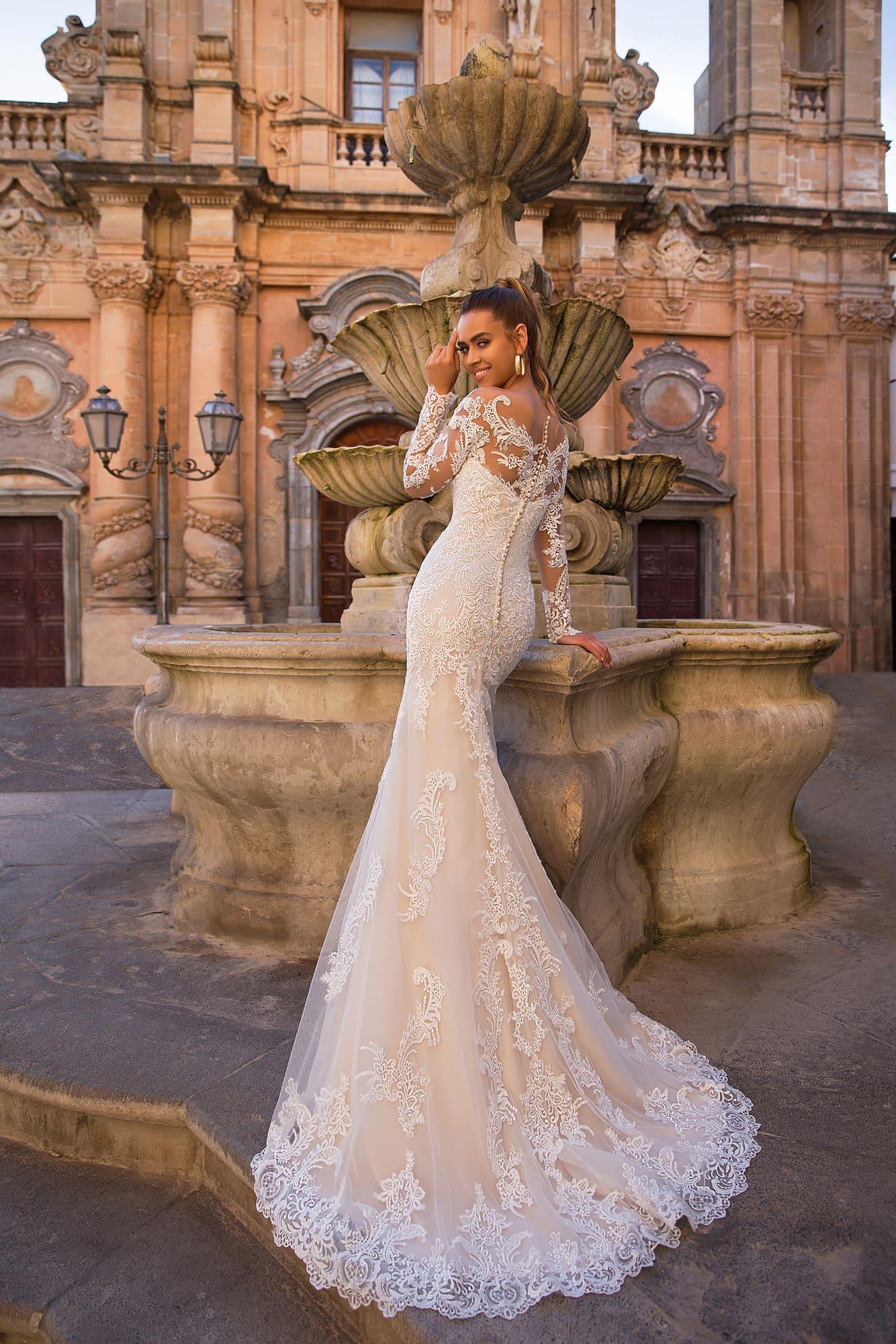 Mermaid-embellished lace sleeves wedding dress - HABASH FASHION