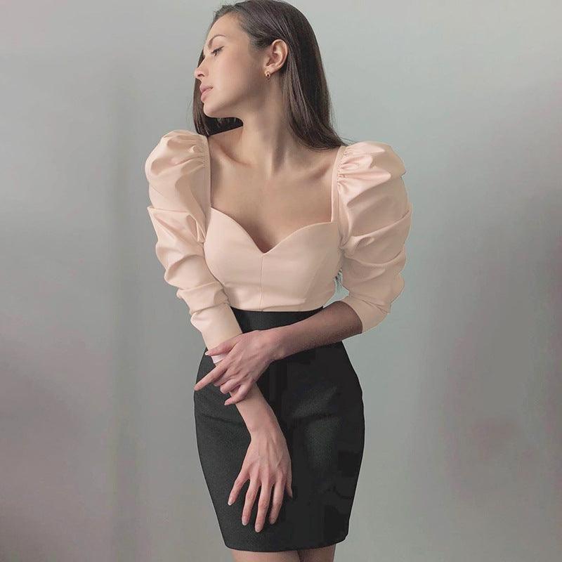 New Women's Puff Sleeve Square Neck Tight Blouse New Shirts - HABASH FASHION