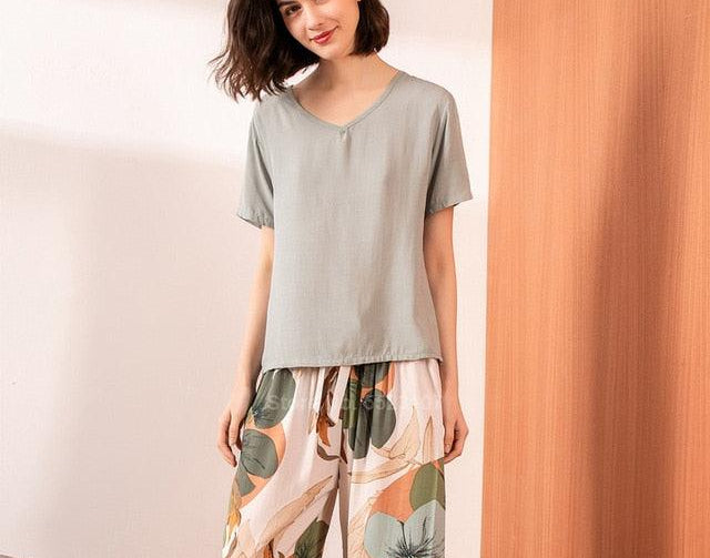 American Outfits Women's Pajamas Set 2PCs T-shirt Trousers Summer Sleepwear - HABASH FASHION
