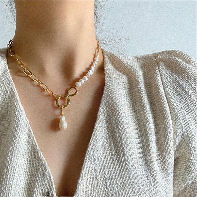Peri'sBox Irregular Natural Freshwater Pearl Pendant Necklaces for Women Chunky Chain Circles Baroque Pearl Necklaces Elegant - HABASH FASHION