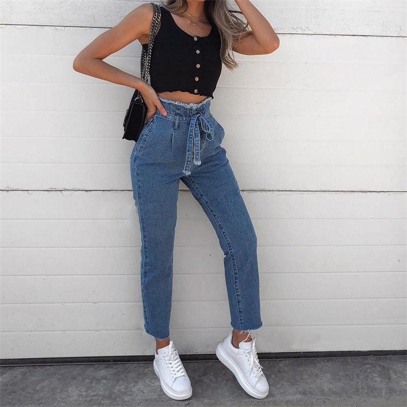 High-waisted jeans with tie at the waist - HABASH FASHION