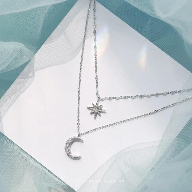 s925 Sterling Silver Star Moon Double Necklace Women Clavicle Chain Shiny Diamond  Fashion - HABASH FASHION