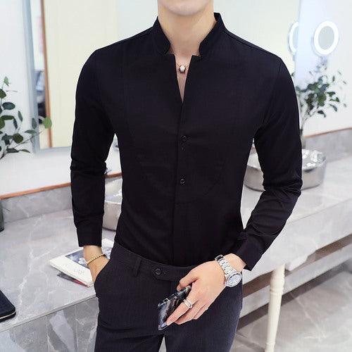 Men Long Sleeve Shirt High Quality Stand Collar Casual Slim Solid Color Summer - HABASH FASHION