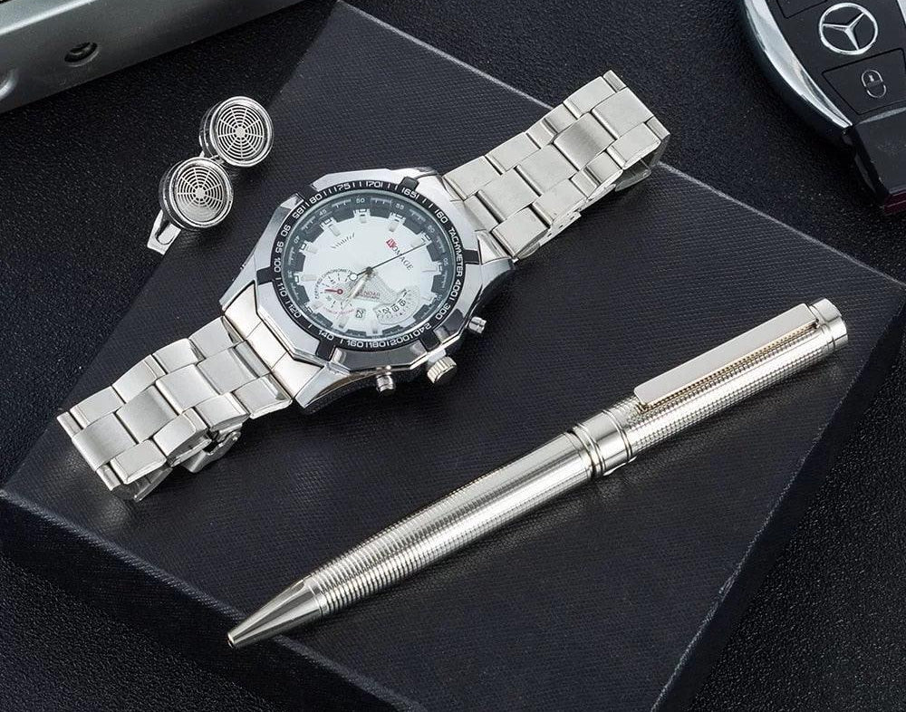 3Pcs Men Gifts Set Dial Watches With Cufflinks Signature Pen - HABASH FASHION