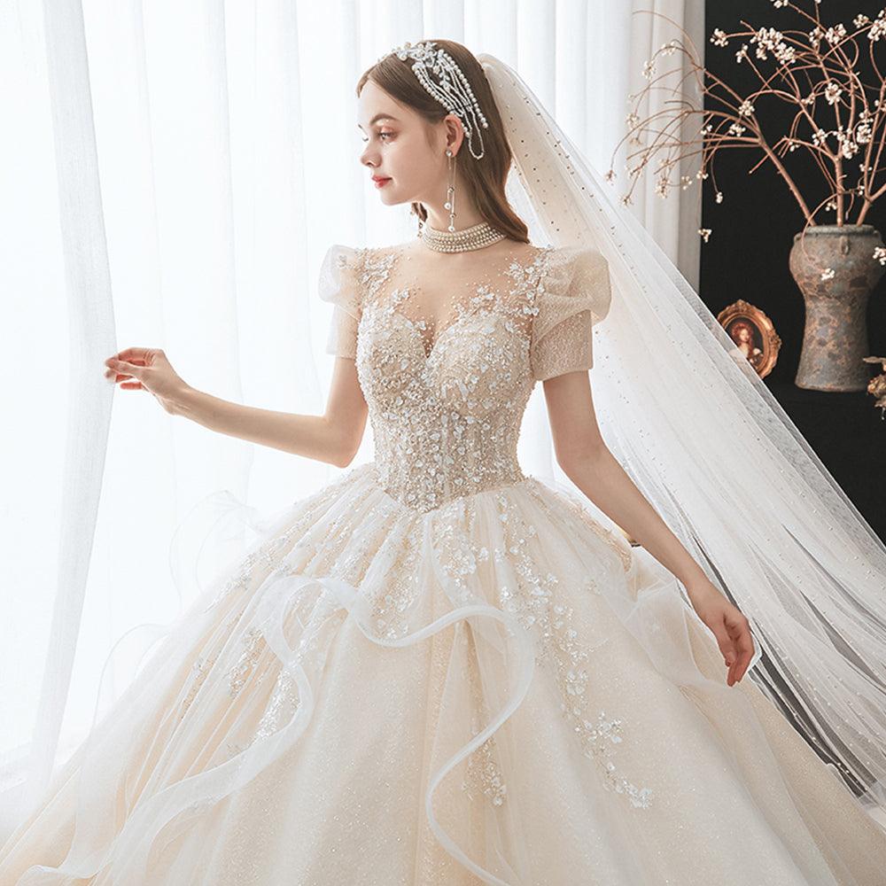 Elegant short-sleeved pearl wedding dress - HABASH FASHION