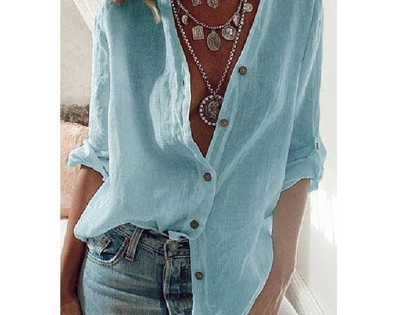 Fashion Linen Shirt Loose Button Roll Sleeve Blouse - HABASH FASHION