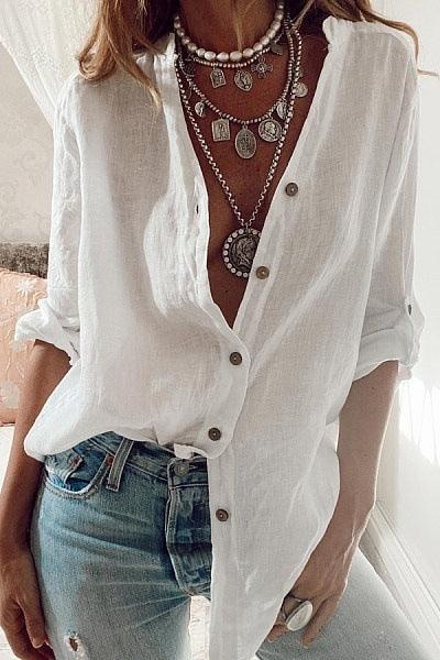 Fashion Linen Shirt Loose Button Roll Sleeve Blouse - HABASH FASHION
