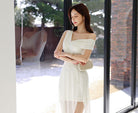 New elegant long white dress chiffon gauze one shoulder slant - HABASH FASHION