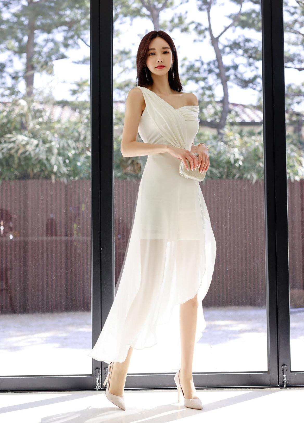 New elegant long white dress chiffon gauze one shoulder slant - HABASH FASHION