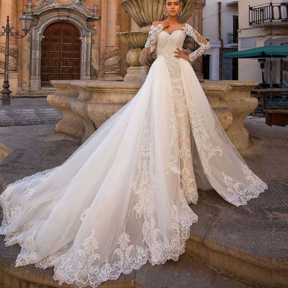 Mermaid-embellished lace sleeves wedding dress - HABASH FASHION
