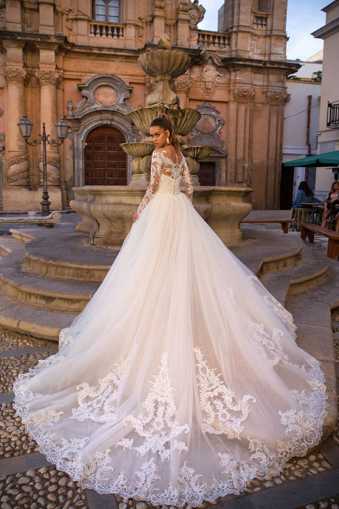 Mermaid-embellished lace sleeves wedding dress - HABASH FASHION